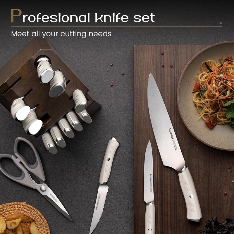Astercook Knife Set, Kitchen Knife Set with Block, 15 Pcs Luxurious High Carbon German Stainless Steel Knives Set with Full Tang Ergonomic Handle, Dishwasher Safe Knife Block Set with Sharpening Rod - Image 5
